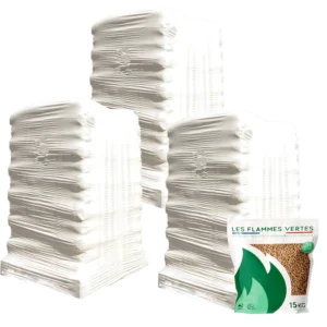 Granulés de Bois Flammes Vertes – 3 palettes – 195 sacs 2925kg